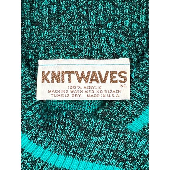 Vintage Knitwaves USA Teal Black Circle Pattern Sweater 80s Retro Acrylic - Picture 2 of 7